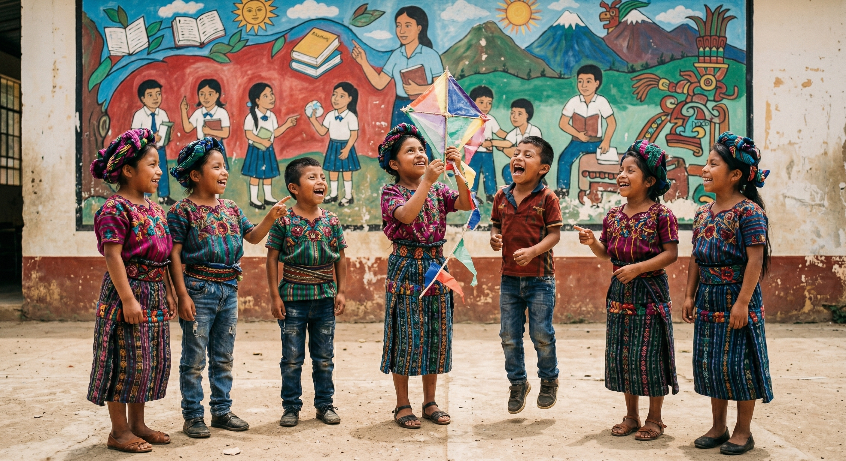 Six children in traditional huipil dress laughing outside their school