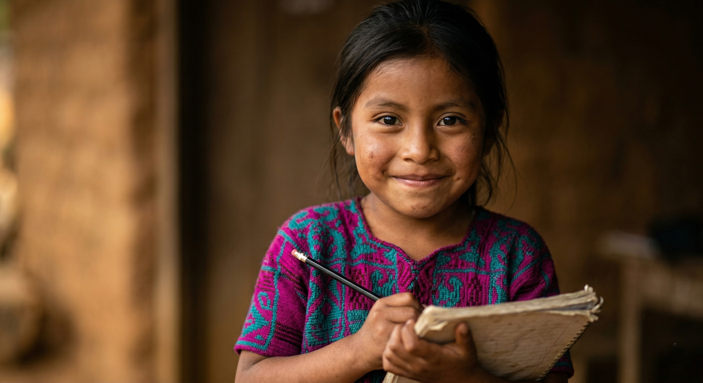 Young Maya girl holding a pencil and notebook, smiling with hopeful eyes