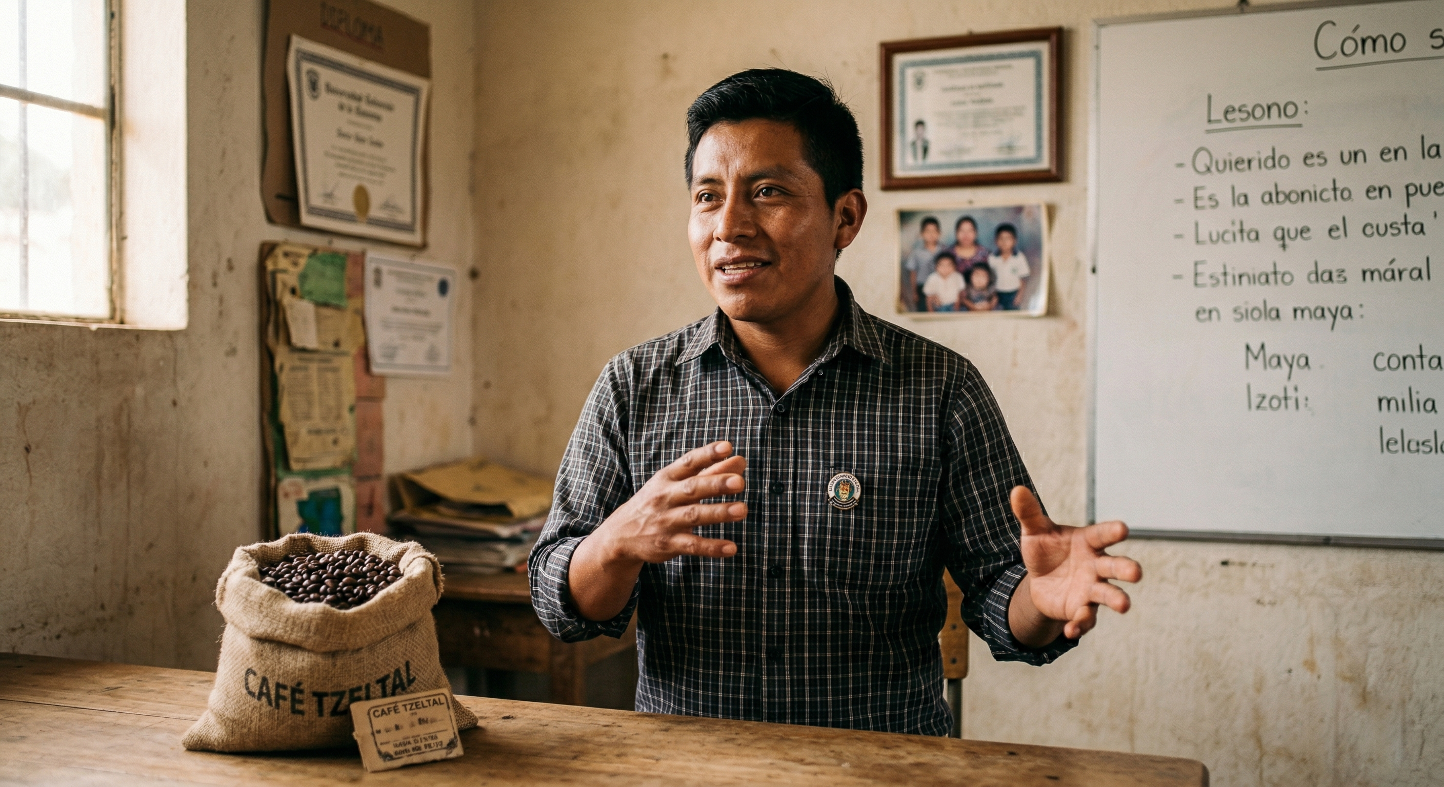 Lucio teaching in a classroom with coffee beans on the desk