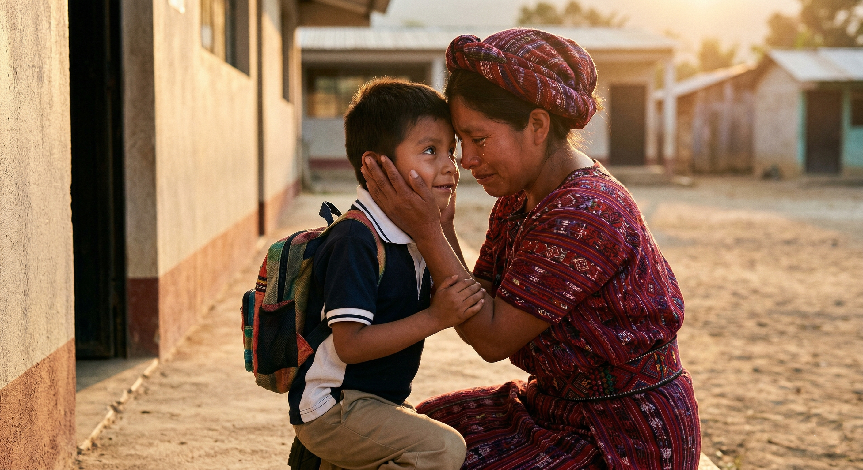 Mother kneeling at school gate, touching foreheads with her child