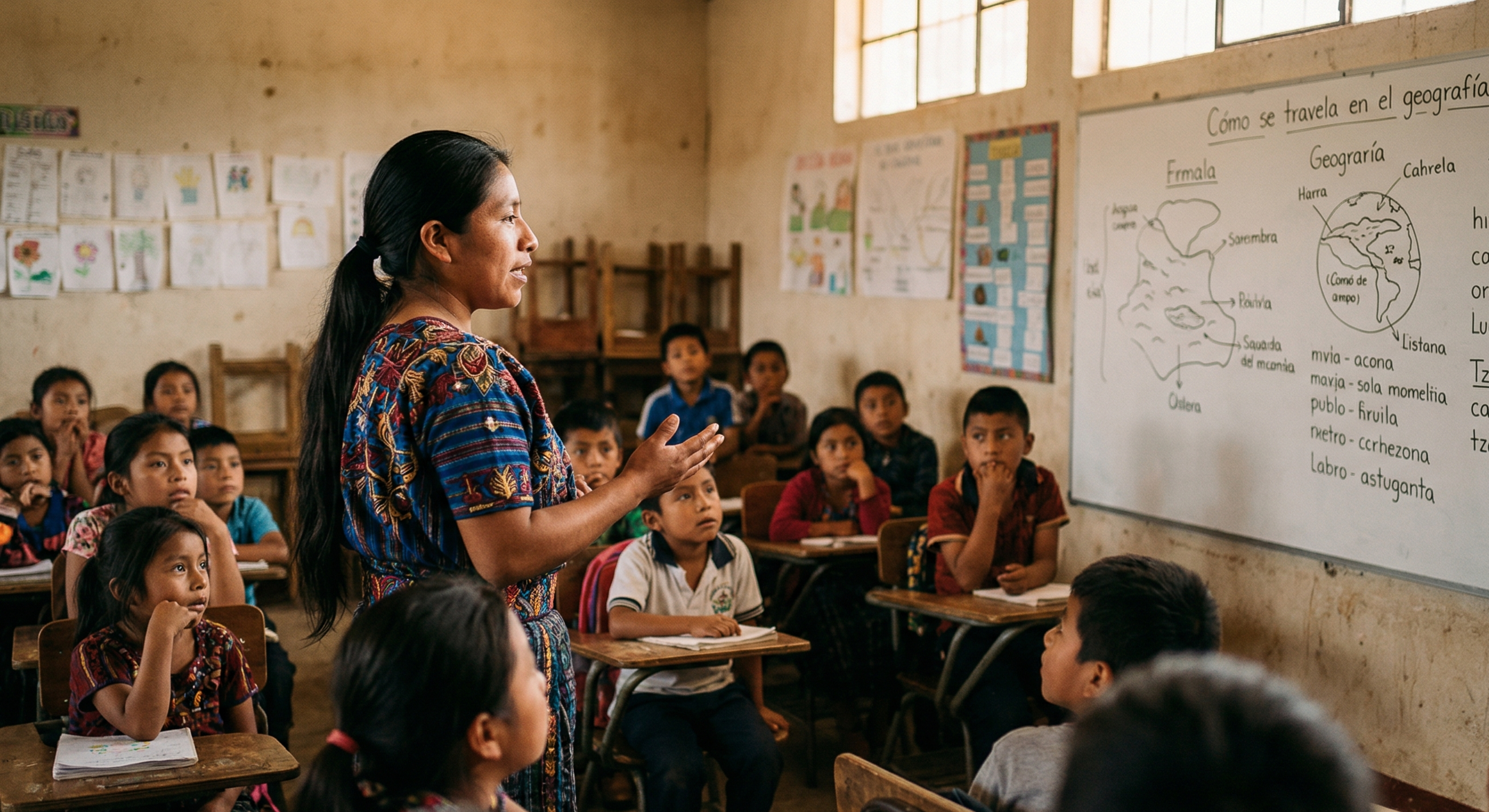 Rocelia teaching in a classroom with children behind her